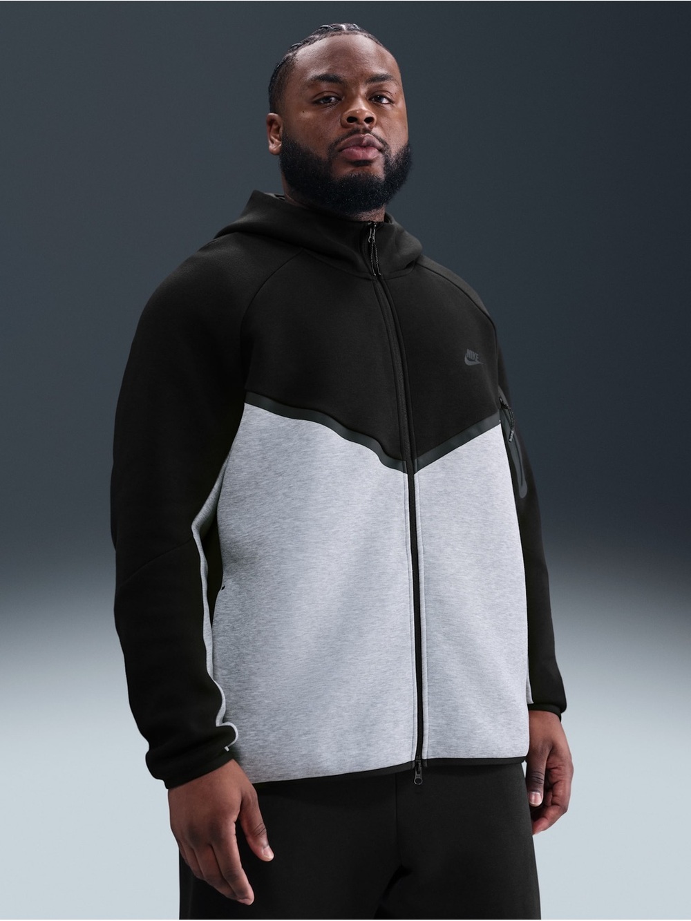 Nike Black and Light Gray Colorblock Full‑Zip Hoodie| Nike Tech Windrunner